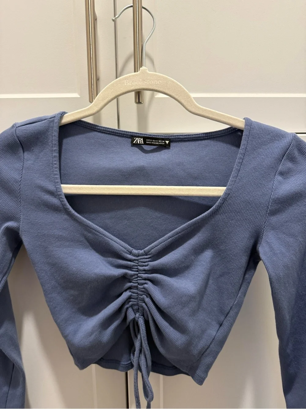 Zara Dusty Blue Ruched Tie-Front Long Sleeve Crop Top